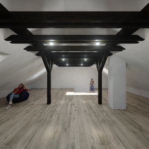 Konzept 01 - Öffnung Dachgeschoss - Holzstuhl schwarz - Lichtquellen zwischen Kehlbalken