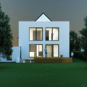 Anbau Haus S Pulheim - Nachperspektive - Kubus (Flachdach) Putz